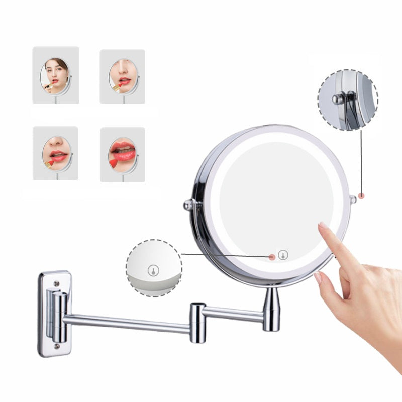 LED Lighted Folding Bathroom Mirror – Wall-Mounted 10X Magnification Touch Dimming Makeup Mirror with Dual-Sided Viewing