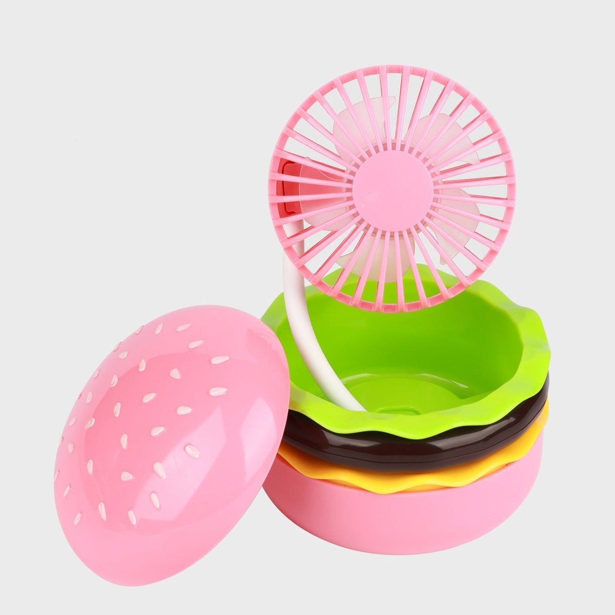 Portagble Burger USB Desktop Fan - Cartoon Cooling Fan with Beauty Mirror, Rechargeable Handheld Design and Summer Gift Appeal