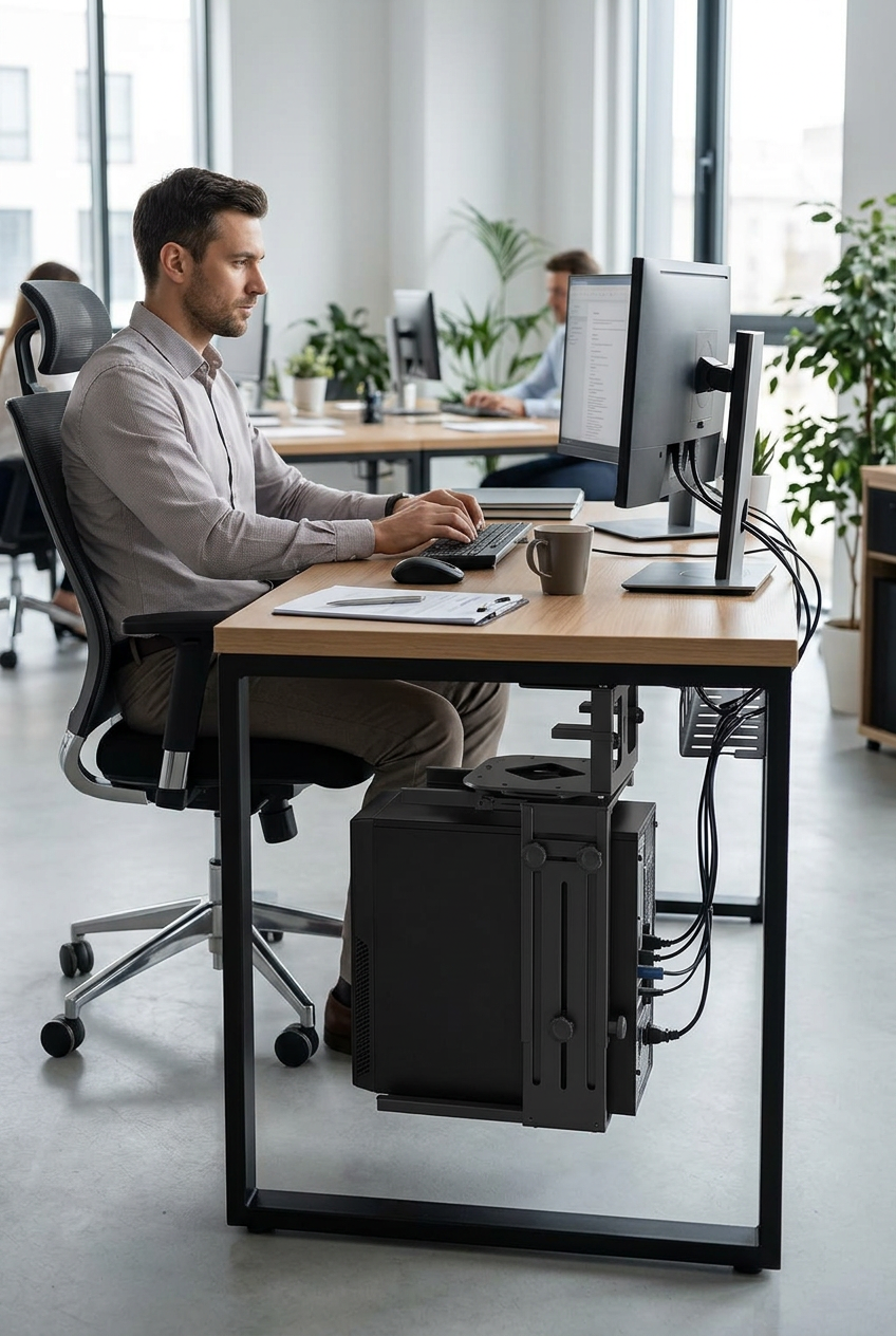 Adjustable Under-Desk CPU Holder – Clamp or Side-Mount Computer Tower Bracket for Standing Desks, Space Saving and Organized Workstations