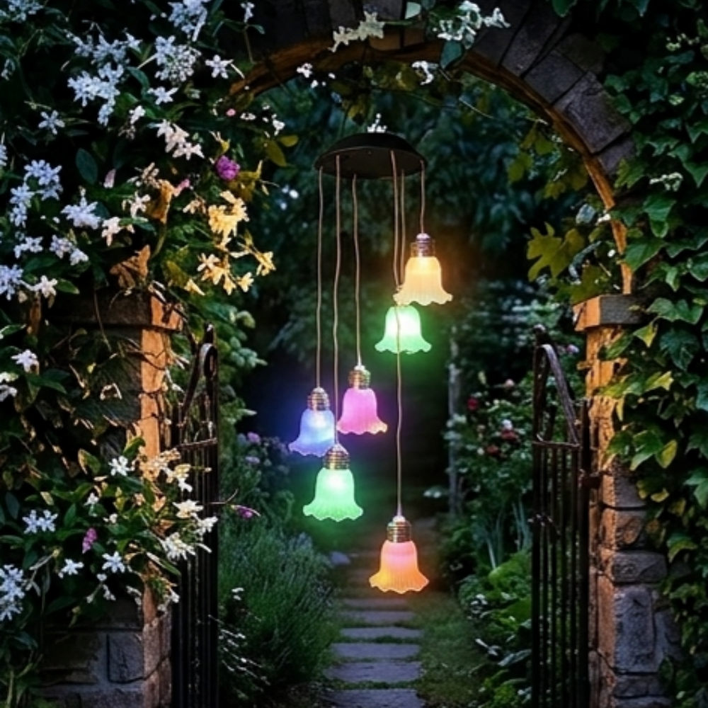 Solar Powered Bell Flower Wind Chime Lights - Outdoor Patio Garden Yard Tree Decor