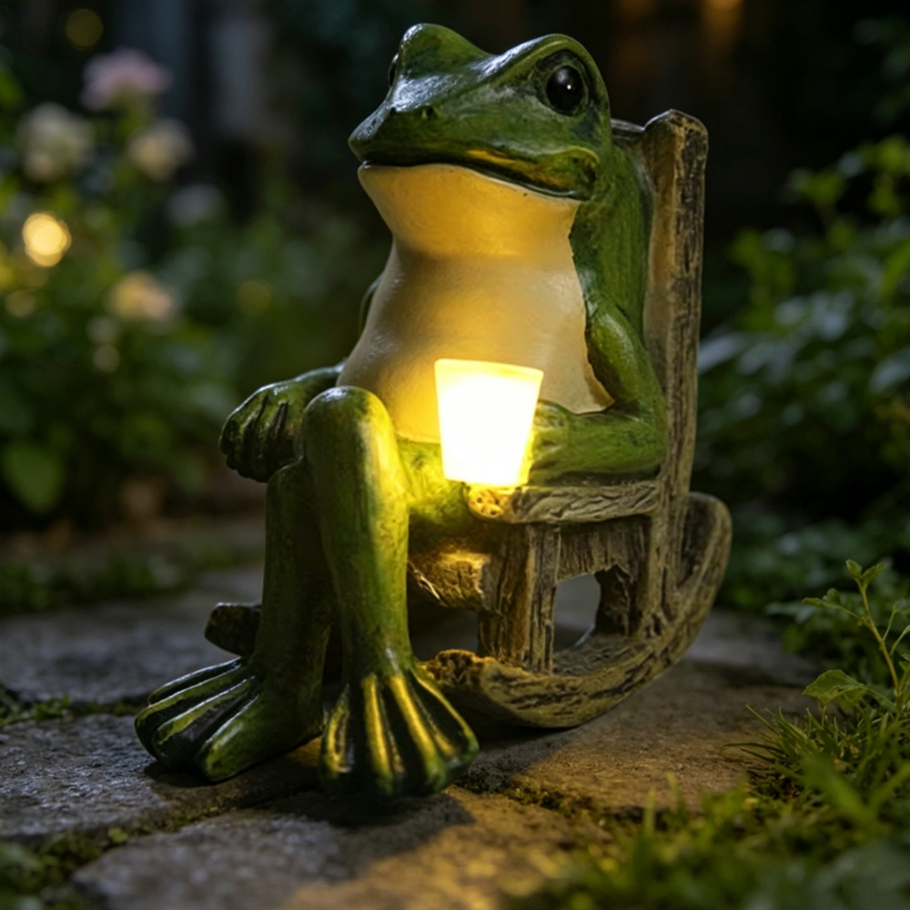 Solar Powered Dusk-to-Dawn Warm White LED Frog Statue Light - Weatherproof Resin Lawn & Yard Ornament