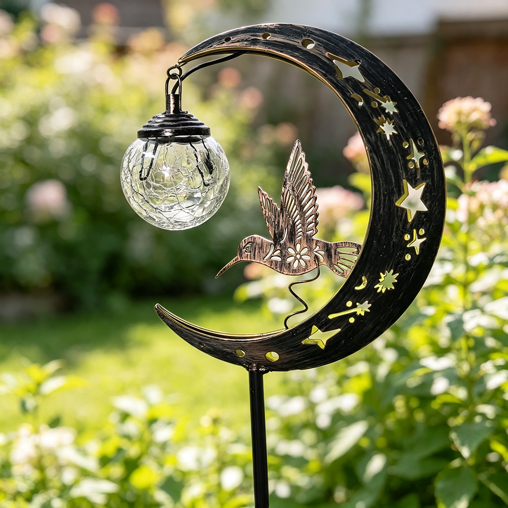 Solar Powered Hummingbird Moon Crackle Glass Ball Warm LED Stake Light - Waterproof Walkway Lighting