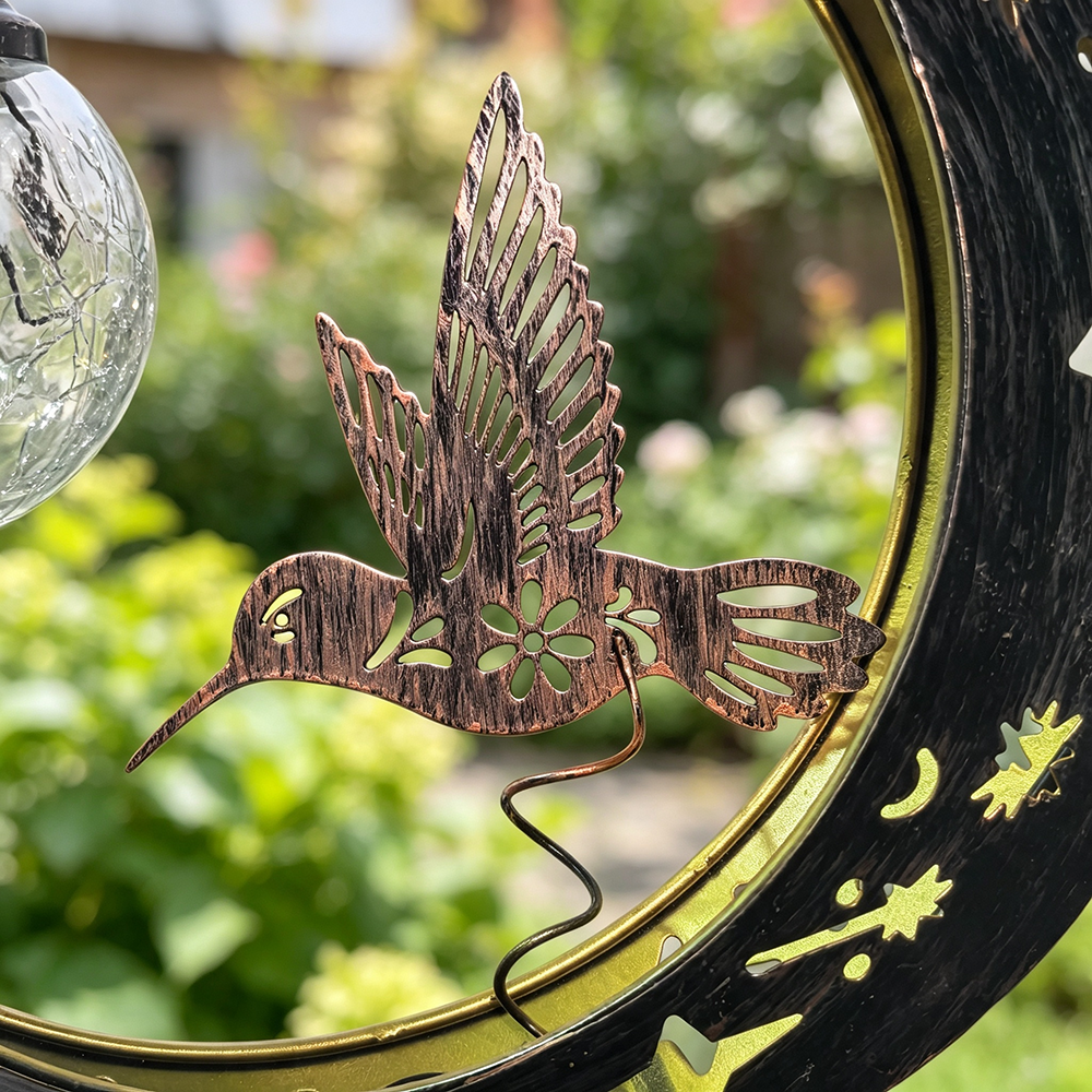 Solar Powered Hummingbird Moon Crackle Glass Ball Warm LED Stake Light - Waterproof Walkway Lighting