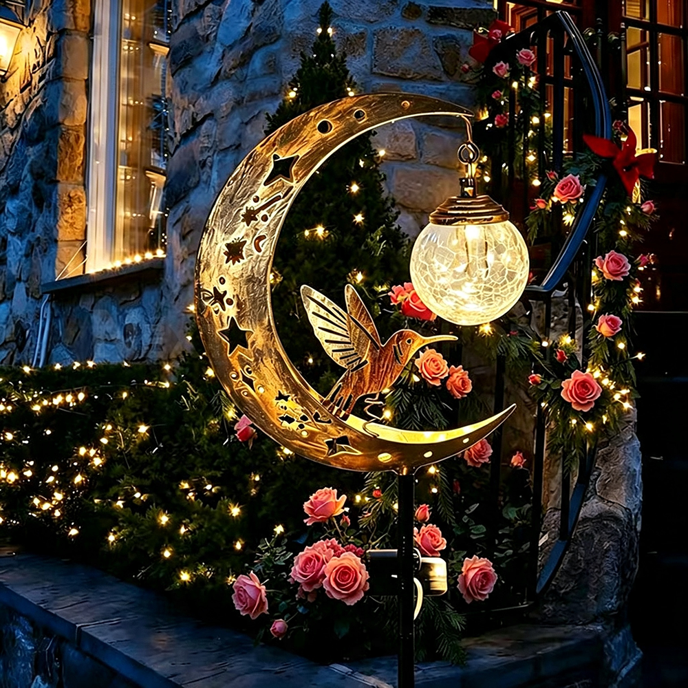 Solar Powered Hummingbird Moon Crackle Glass Ball Warm LED Stake Light - Waterproof Walkway Lighting