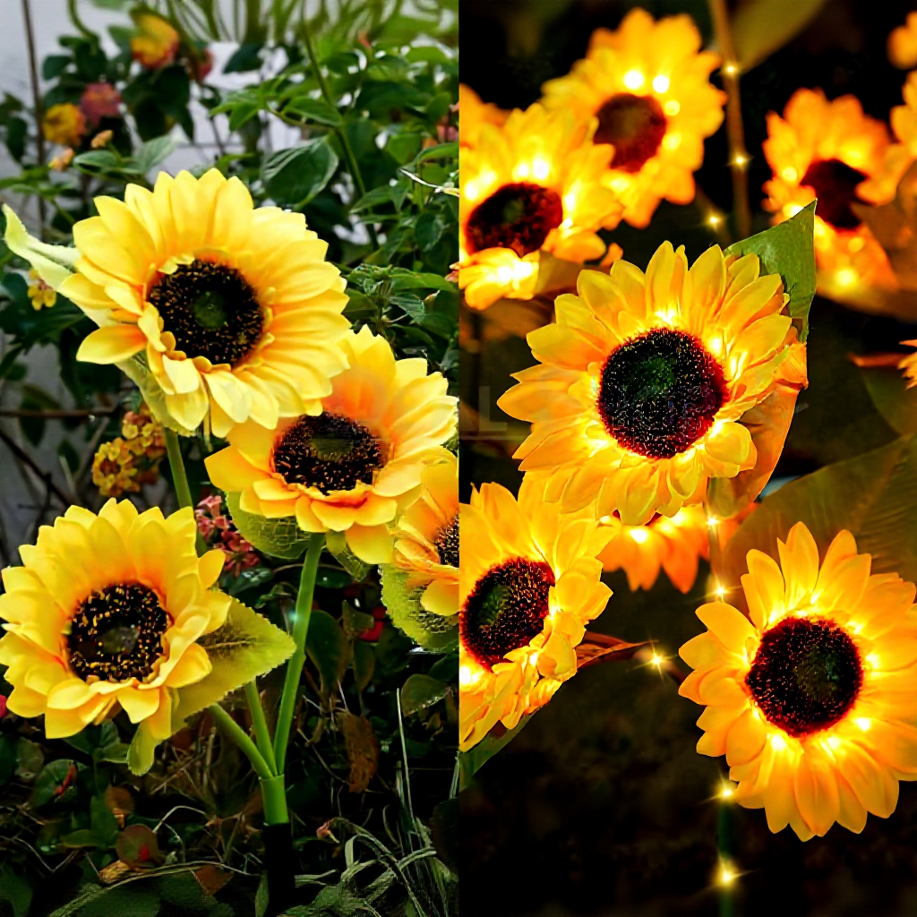 Solar Powered LED Sunflower Stake Light  -  2 Pack, Weatherproof Outdoor Lawn Pathway Garden Lighting