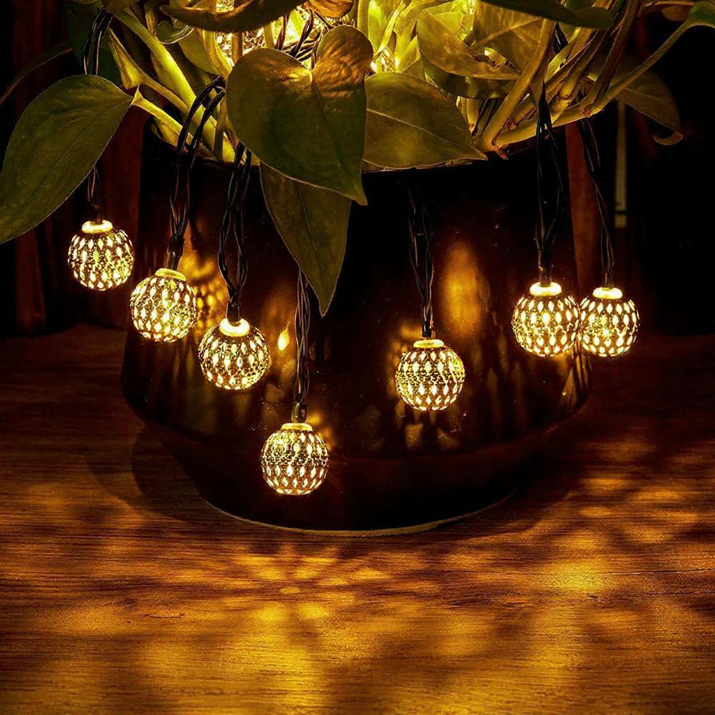 Solar Powered Moroccan Style Iron Ball String Lights - Waterproof Outdoor Garden Patio Lighting