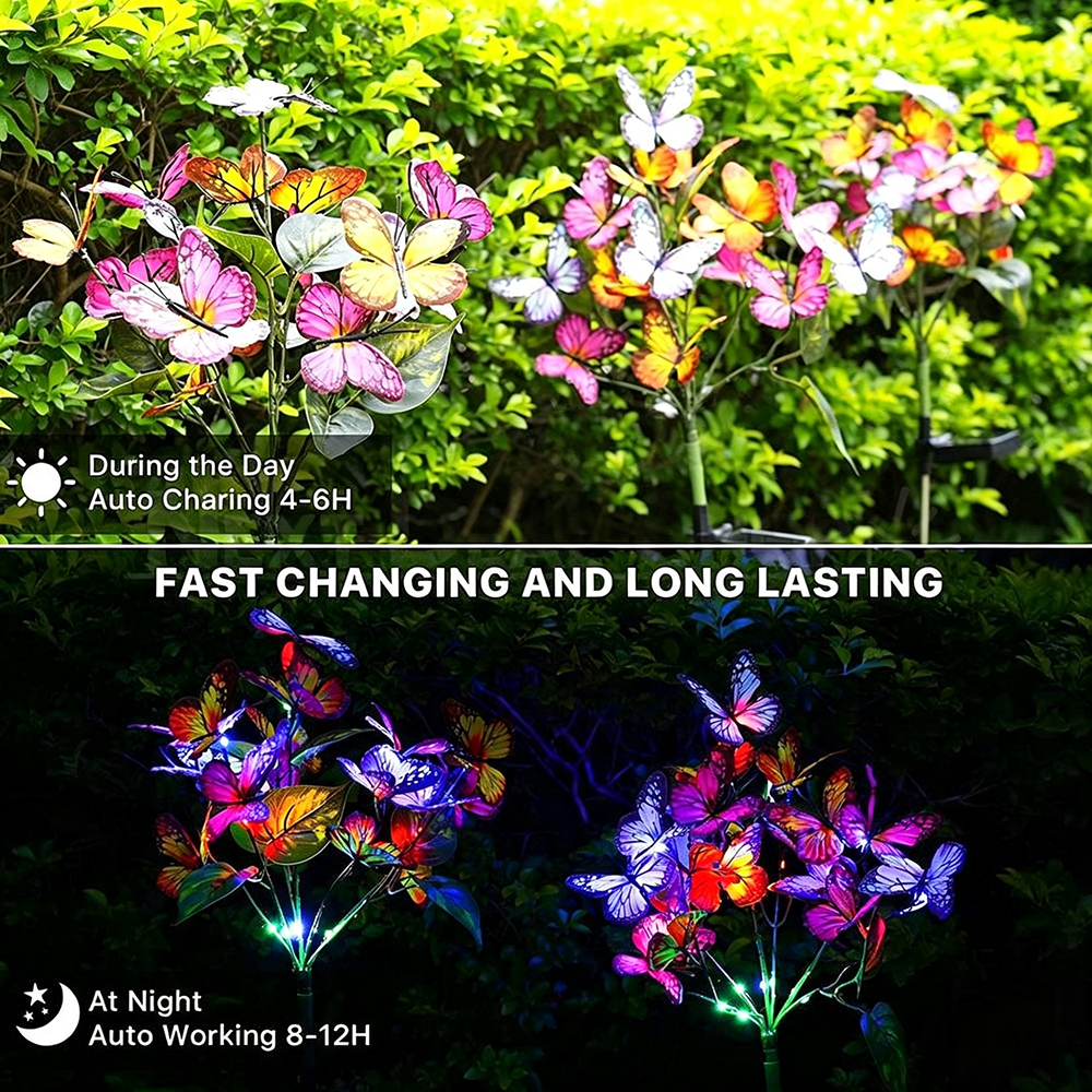 Solar Powered Multicolor LED Butterfly Stake Light - Weatherproof Flower Bed Lighting