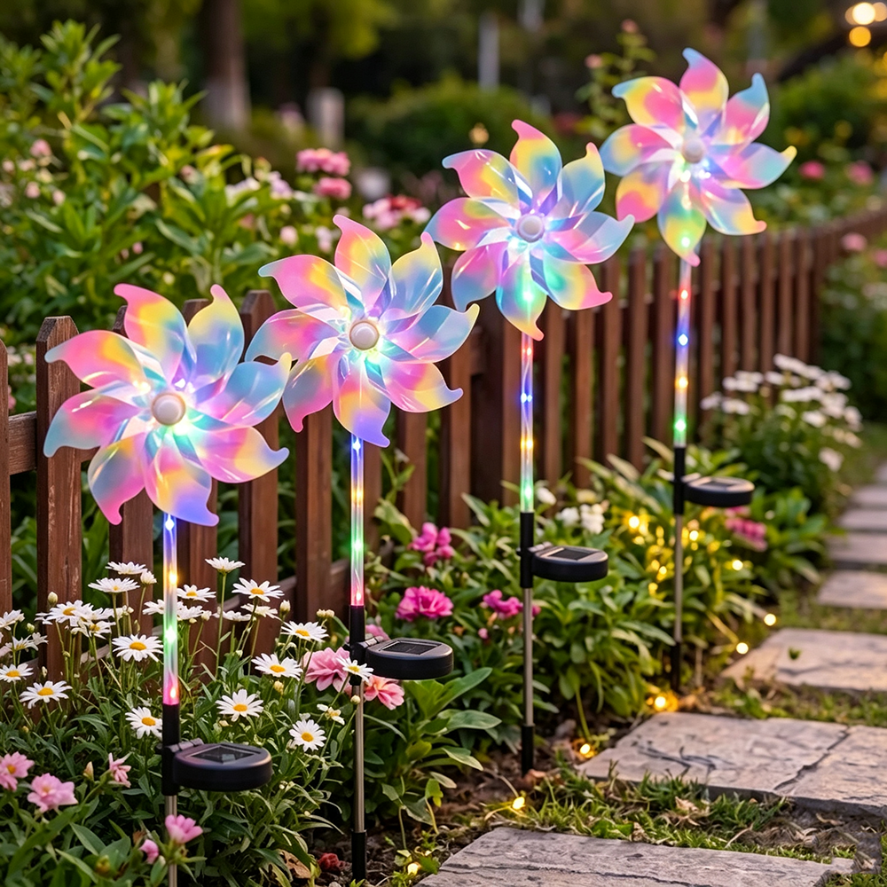 Solar Powered Multicolor LED Pinwheel Garden Stake Light - Waterproof Yard Lighting
