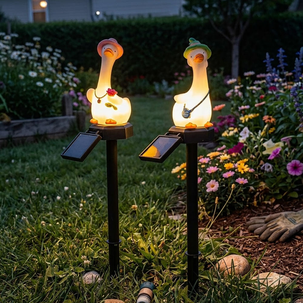 Solar Powered Warm White LED Duck Garden Stake Lights - Weatherproof Lawn & Flower Bed Lighting