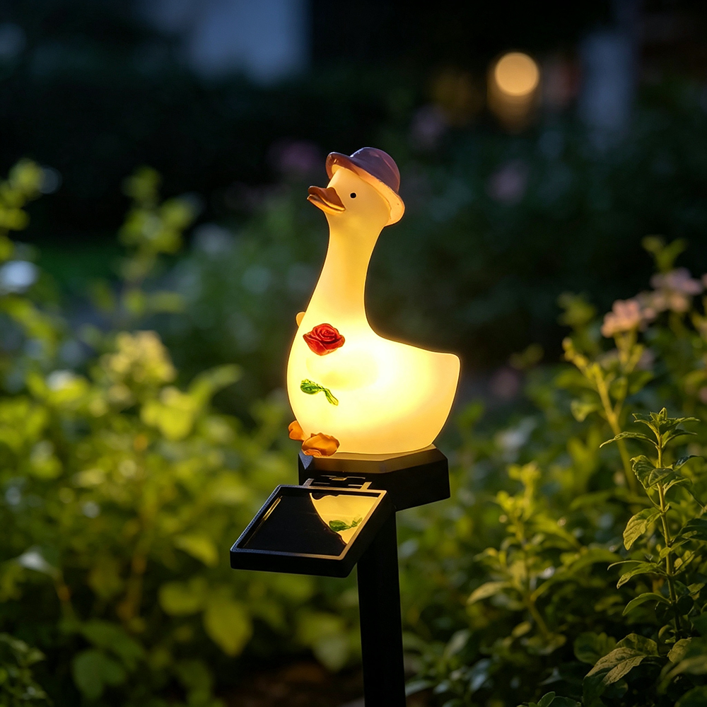 Solar Powered Warm White LED Duck Garden Stake Lights - Weatherproof Lawn & Flower Bed Lighting