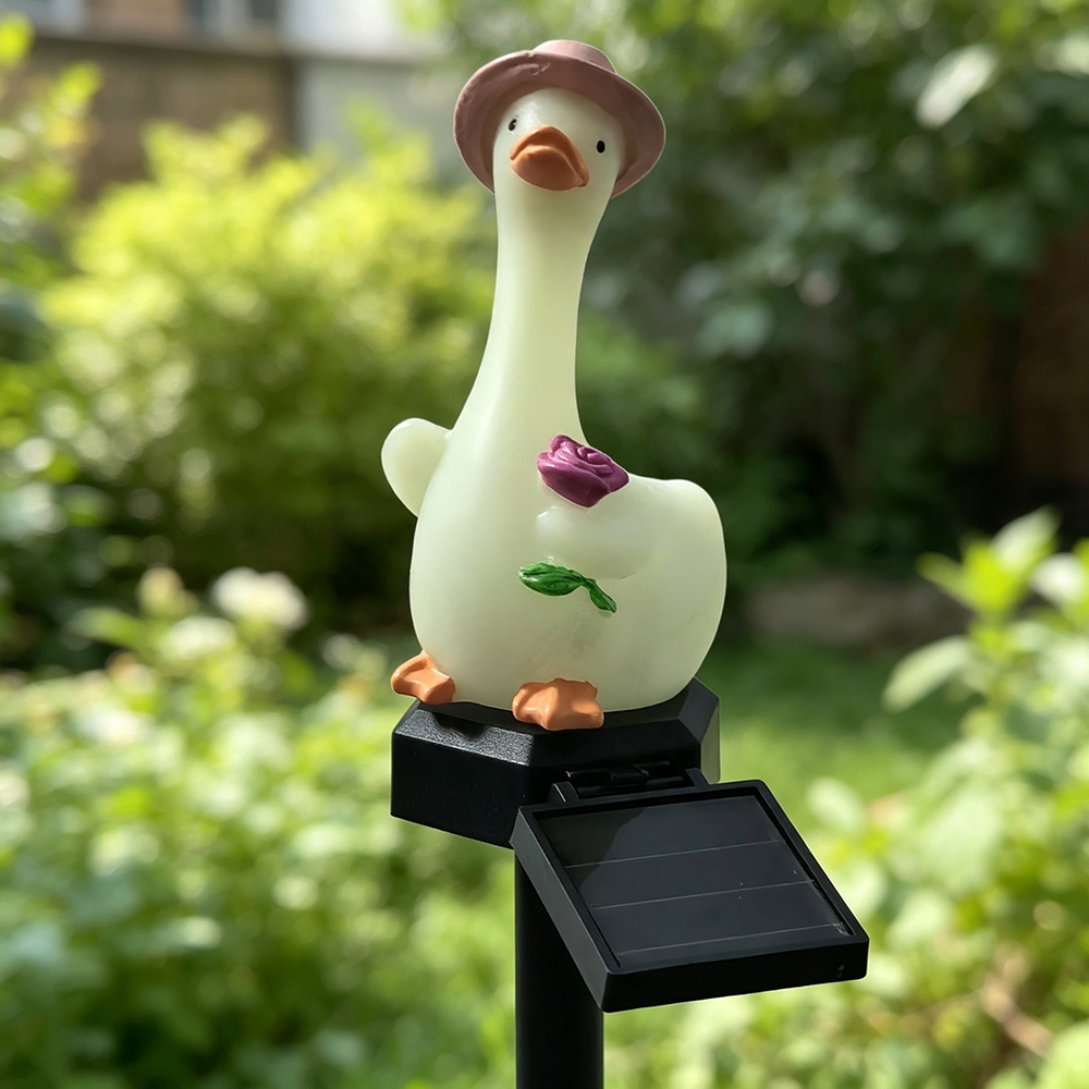 Solar Powered Warm White LED Duck Garden Stake Lights - Weatherproof Lawn & Flower Bed Lighting