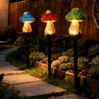 Solar Powered Warm White LED Mushroom Garden Stake Light  -  Weatherproof Lawn & Pathway Lighting