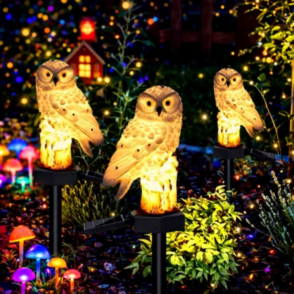 Solar Powered Warm White LED Owl Stake Light - Waterproof Outdoor Flower Bed Lawn Yard Garden Lighting