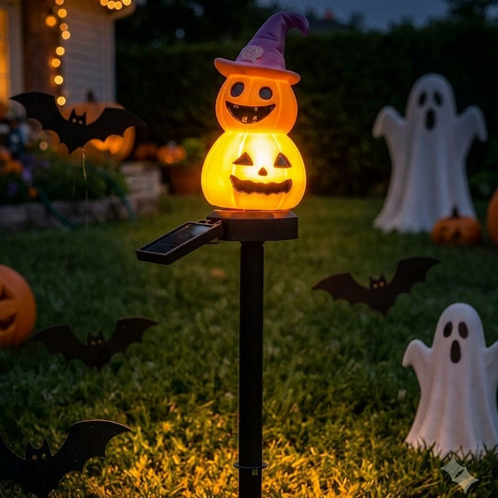 Solar Powered Warm White LED Pumpkin Witch Garden Stake Light - Weatherproof Halloween Pathway & Yard Lighting