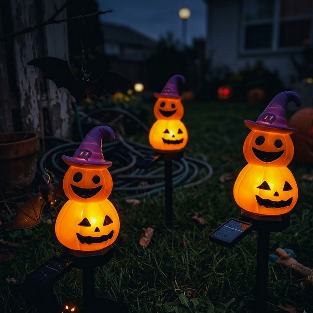 Solar Powered Warm White LED Pumpkin Witch Garden Stake Light - Weatherproof Halloween Pathway & Yard Lighting