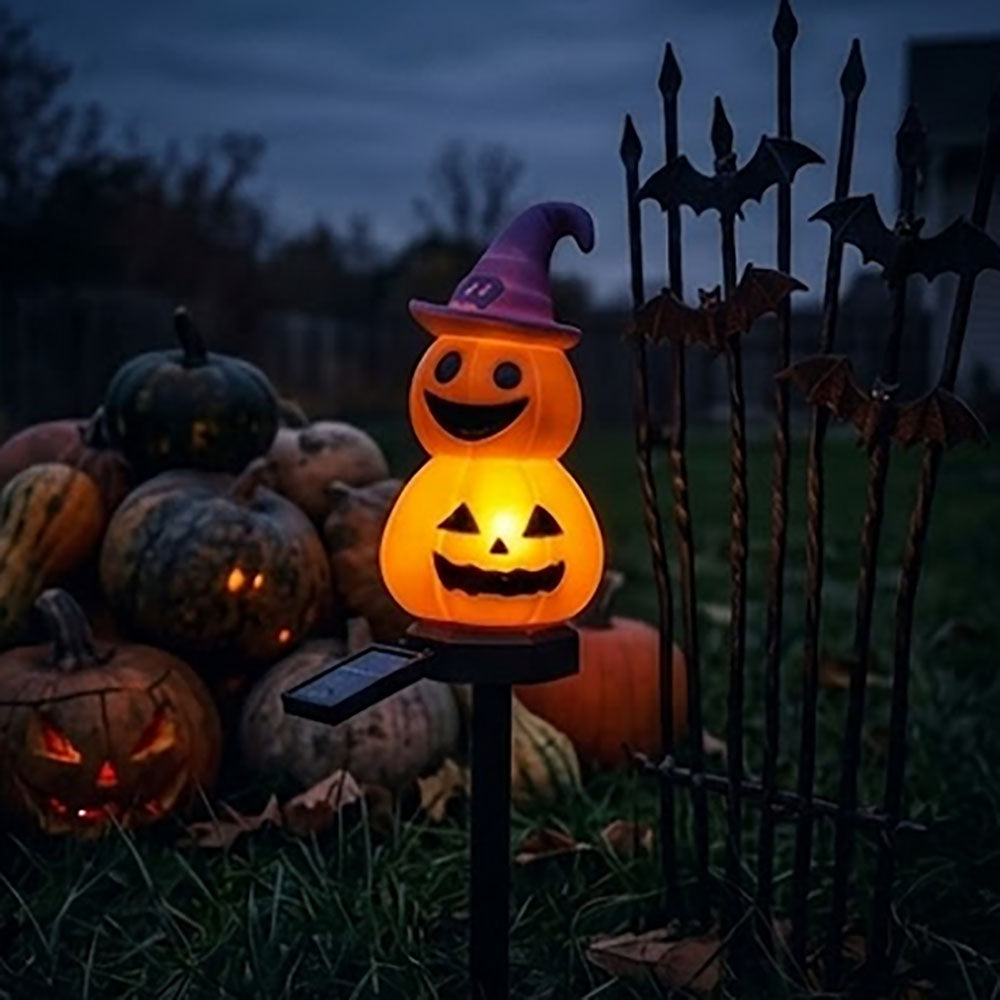 Solar Powered Warm White LED Pumpkin Witch Garden Stake Light - Weatherproof Halloween Pathway & Yard Lighting