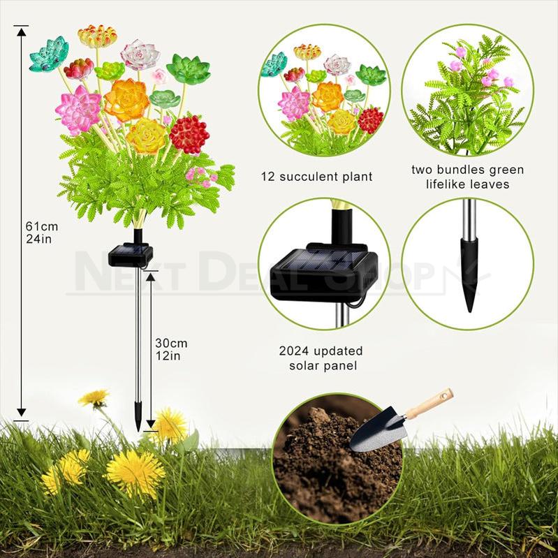 Solar Powered Warm White LED Succulent Stake Light - 2 Pack, Weatherproof Outdoor Lawn Pathway Garden Lighting