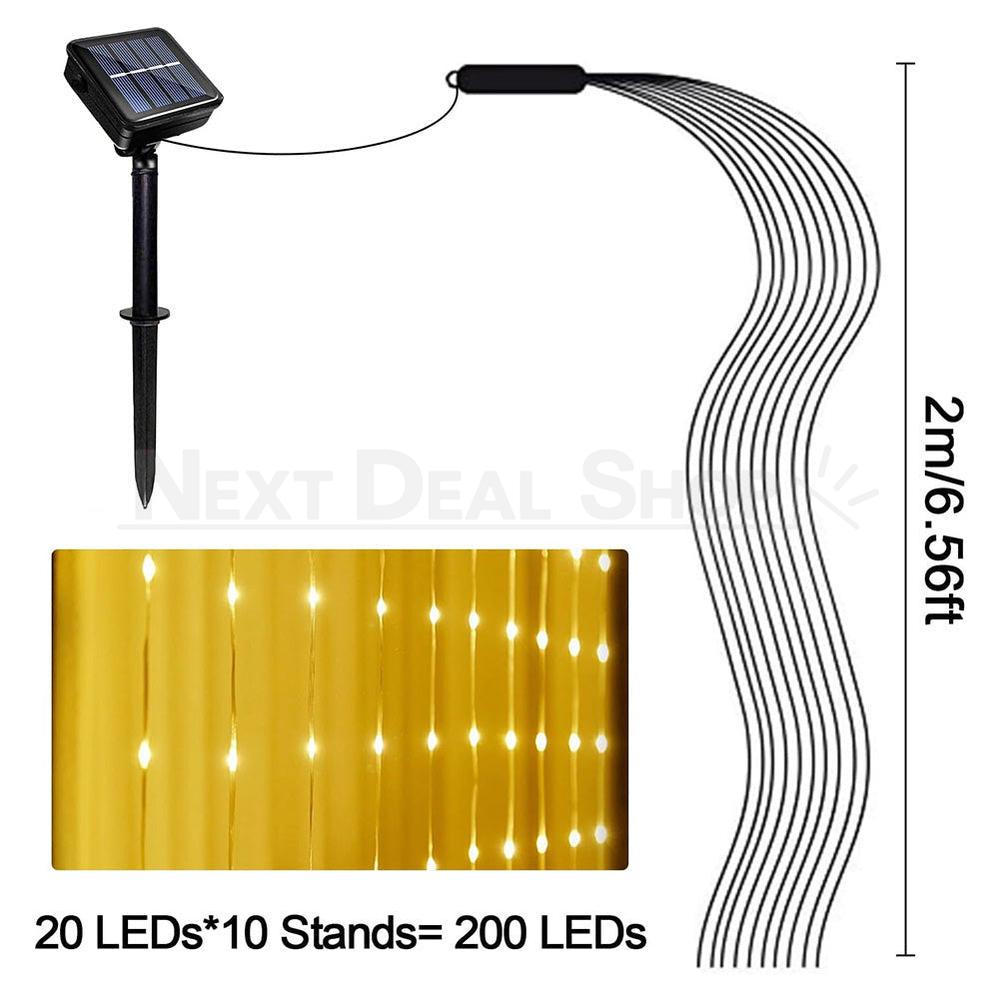Solar Powered Waterfall Fairy LED String Lights - 6.56 ft, 200 LED, Outdoor Home Holiday Garden Party Decor Lighting
