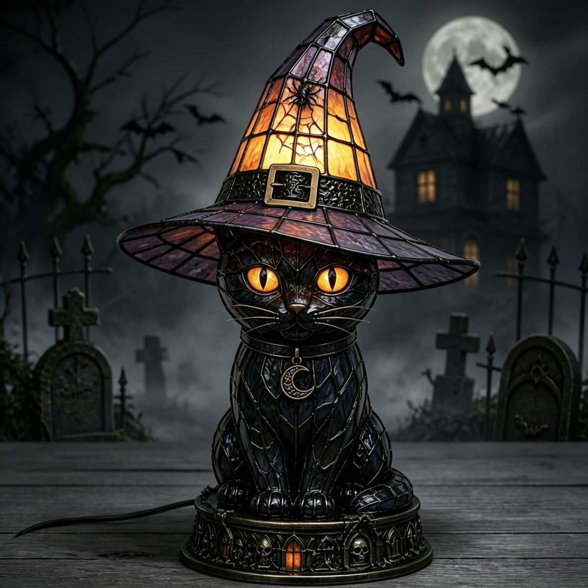 Halloween Gothic Black Cat Witch Hat Lamp, Stained Glass Style Decor