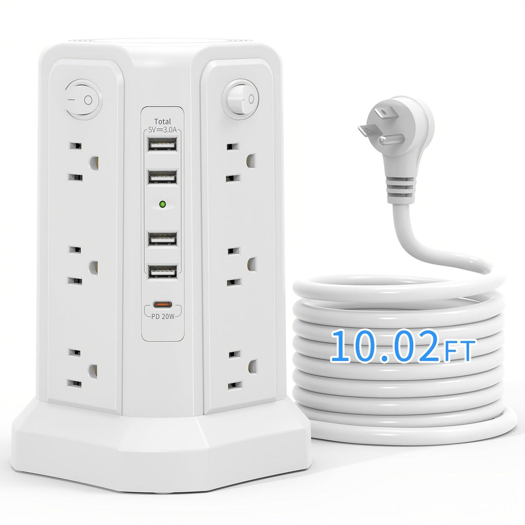 Upgraded Surge Protector Tower – 12 AC Outlets & 5 USB Ports with 10.2ft Cord, Must-Have Charging Station for Home, Office, Travel