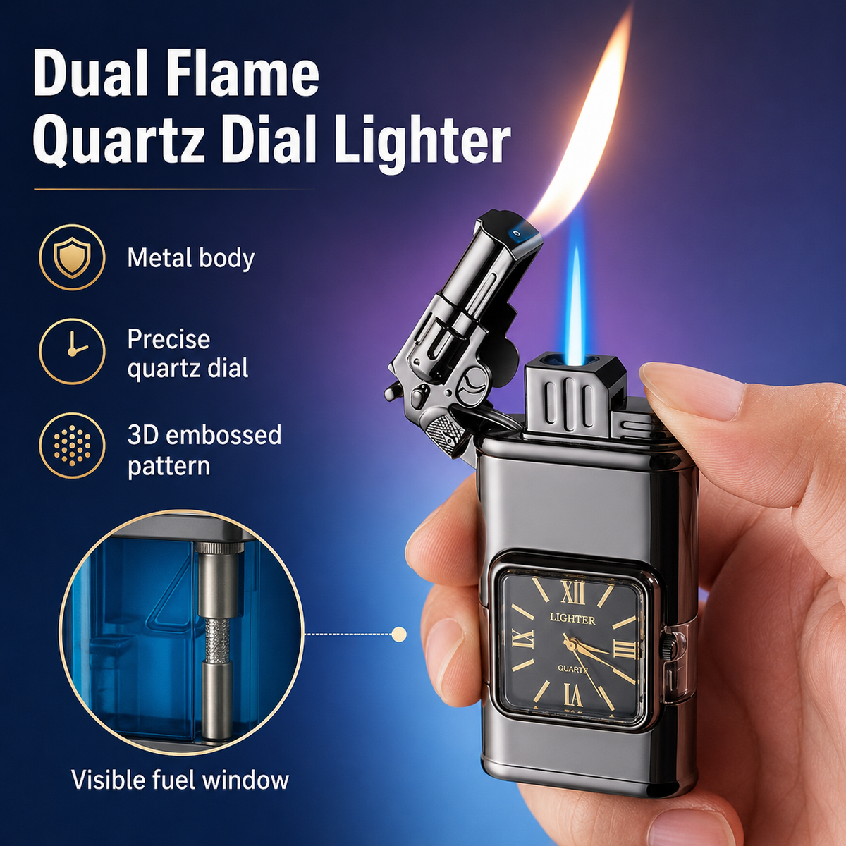Twin Jets Quartz Dial Dual Flame Metal Lighter
