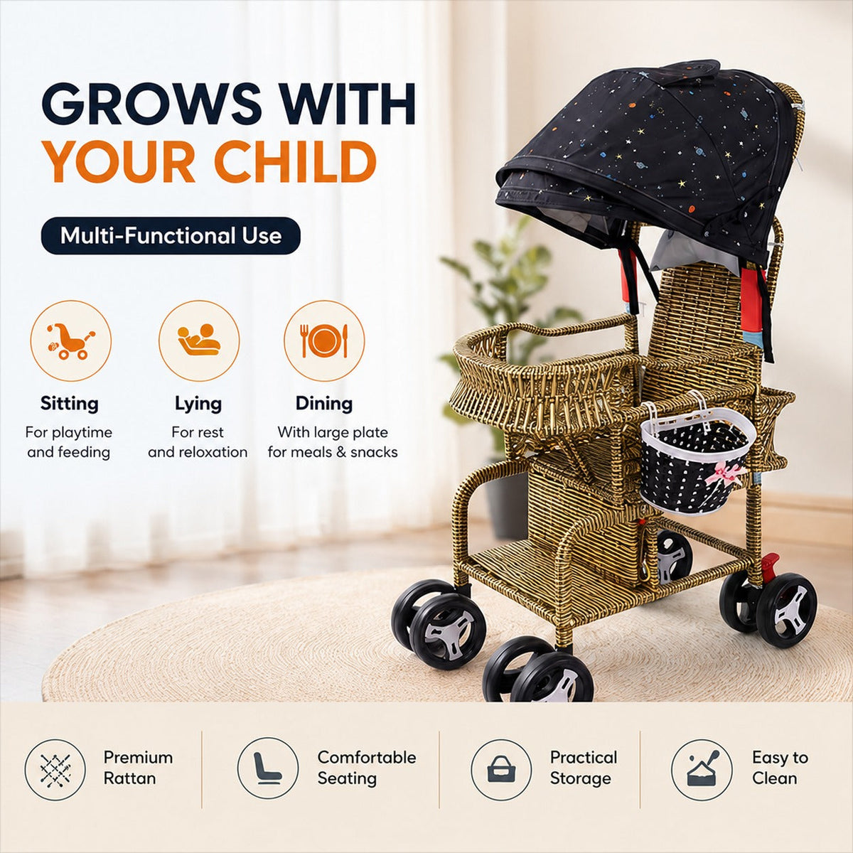 Bellaria Lightweight Vintage Rattan Summer Baby Stroller