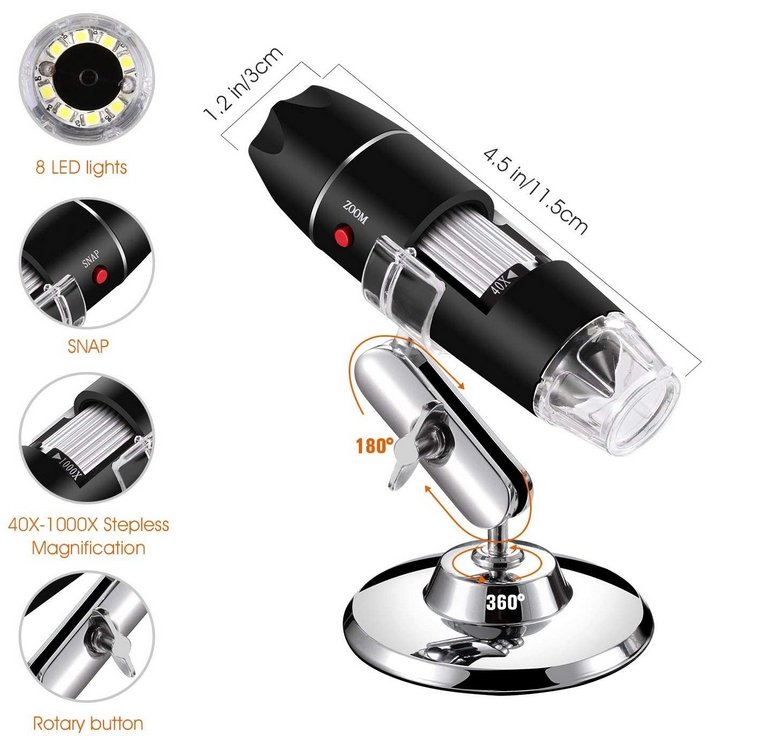 Digital USB Microscope with Carrying Case & Metal Stand, Wide Compatibity, Windows, Mac, Linux, Andriod