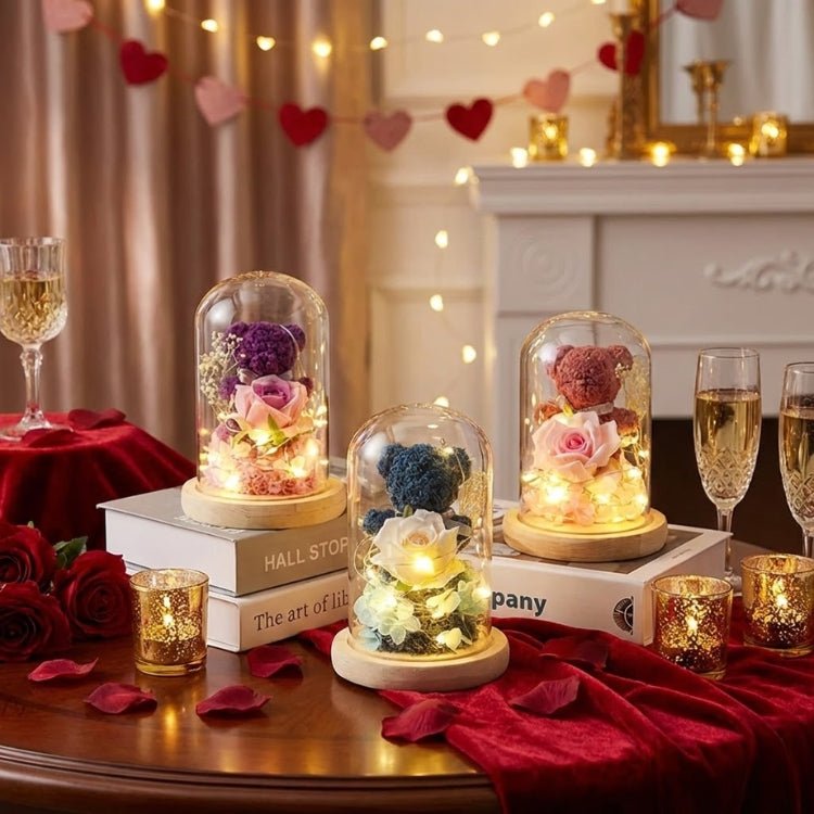 Lighted Rose Bear in Glass Dome