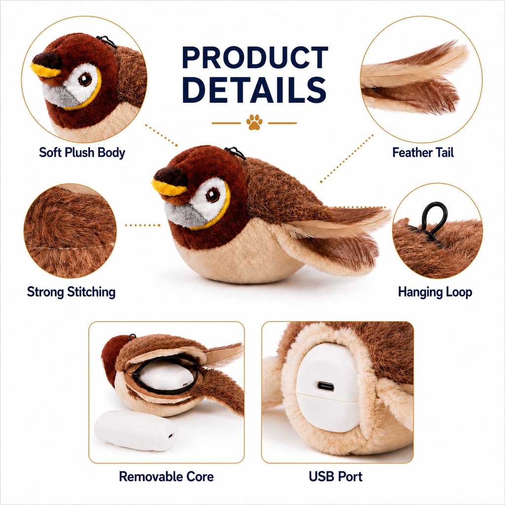 Klmays Rechargeable Flapping Bird Cat Toy for Indoor Cats - Tap-Activated Plush Kicker Toy for Boredom Relief & Hunting Instinct Play