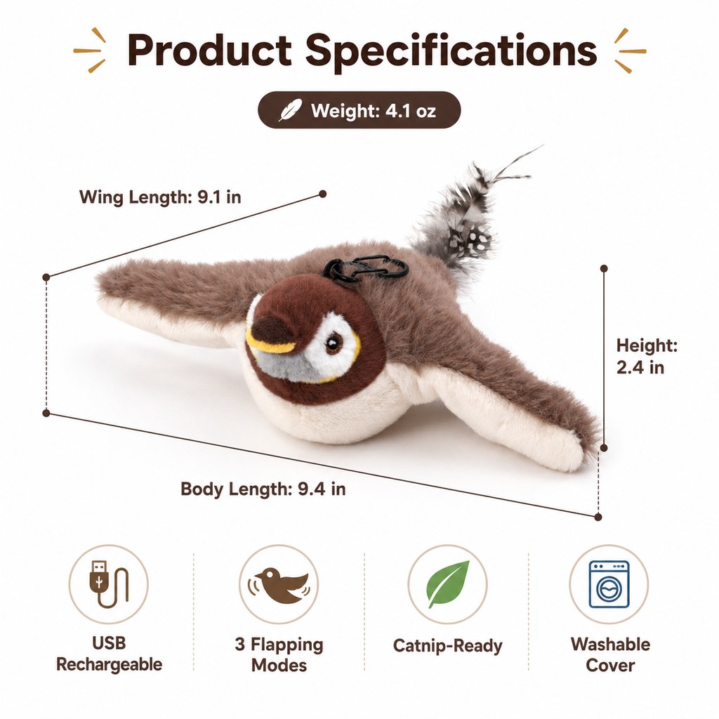 Klmays Rechargeable Flapping Bird Cat Toy for Indoor Cats - Tap-Activated Plush Kicker Toy for Boredom Relief & Hunting Instinct Play