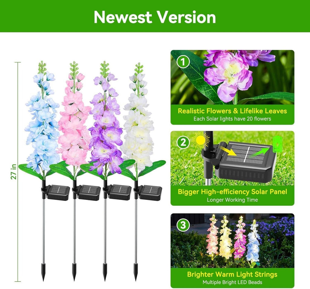4 Pack Delphinium Solar Flower Lights for Garden Decor