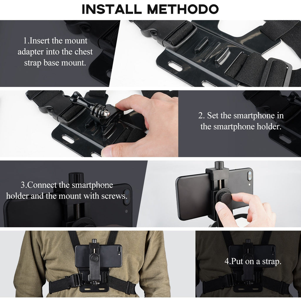Mobile Phone Chest Mount Harness Strap Holder, Head Mount, Chest Mount