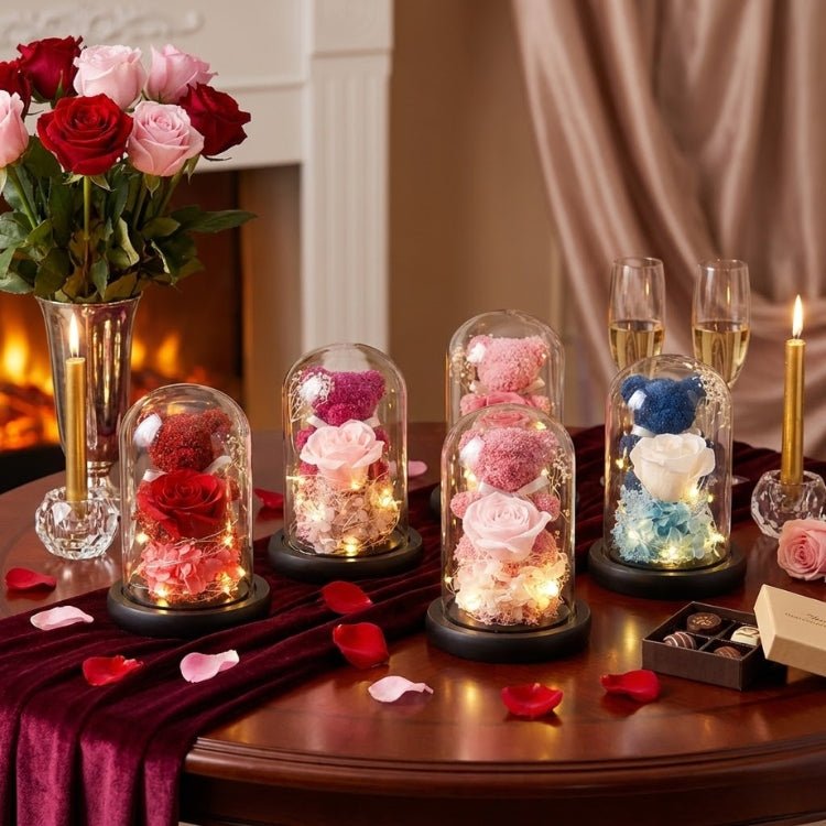Lighted Rose Bear in Glass Dome