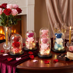 Lighted Rose Bear in Glass Dome