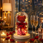 Lighted Rose Bear in Glass Dome
