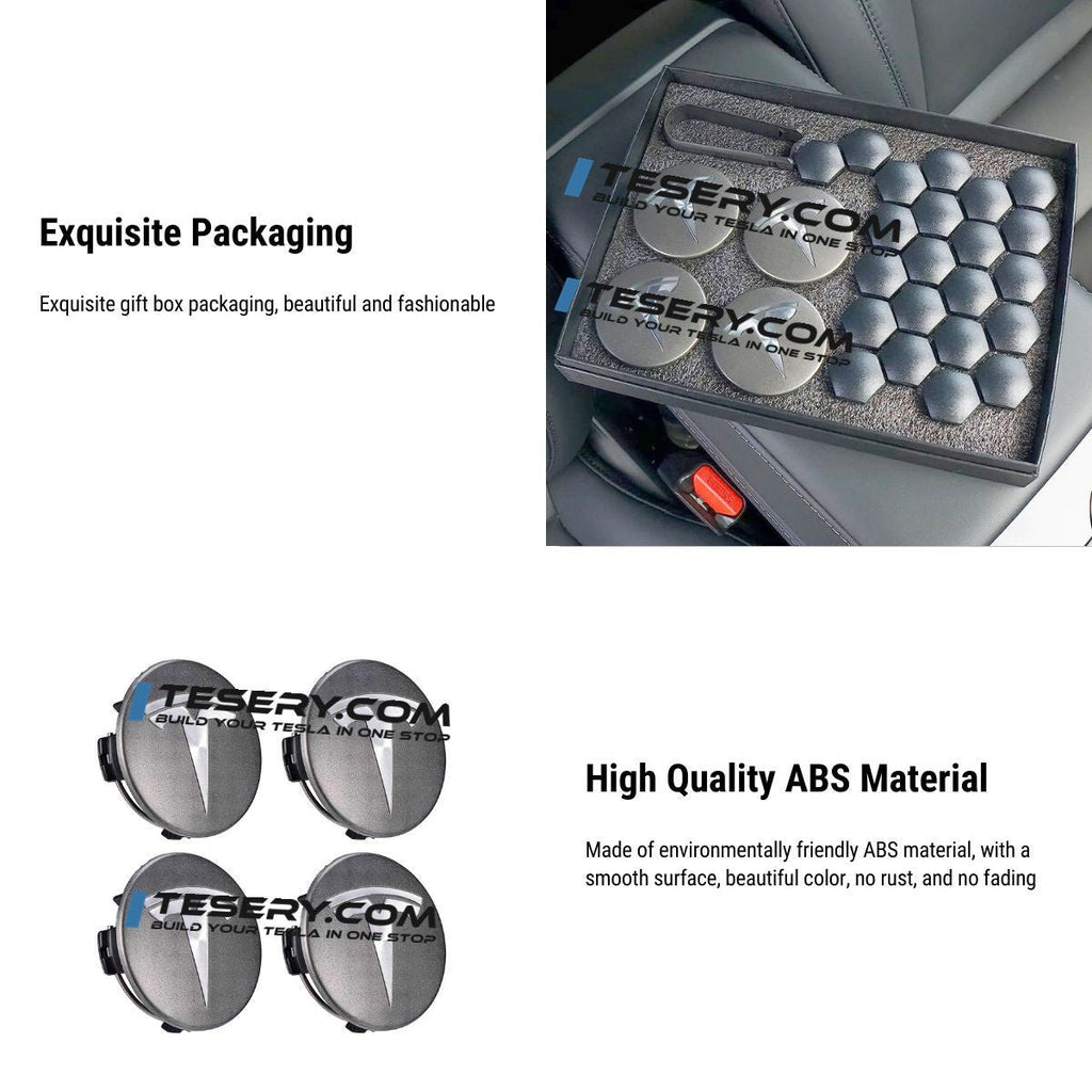 Wheel Center Cap Kit with Puller for Model 3/Y/S/X | 4 Hub Caps + 20 Lug Nut Covers