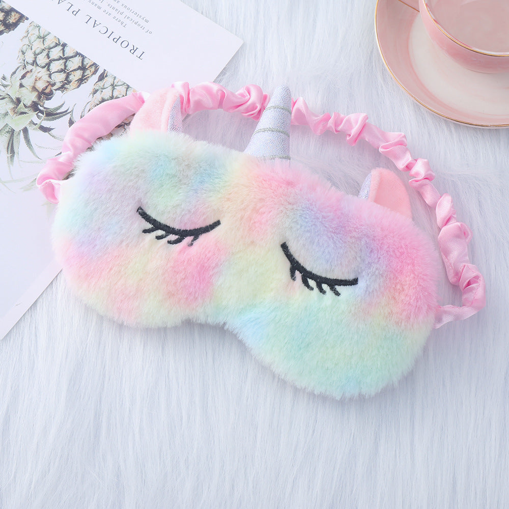 Ladies nan cozy unicorn sleep mask with embroidered eyelashes, soft plush and elastic ruffled ribbon 
Maetiva