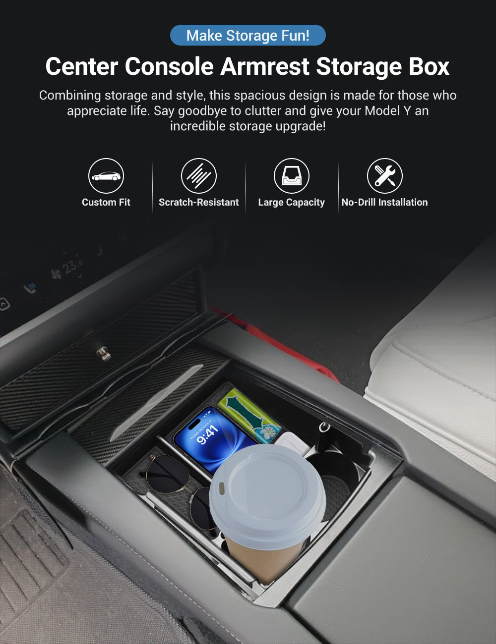 Center Console Armrest Storage Box for Tesla Model S/X