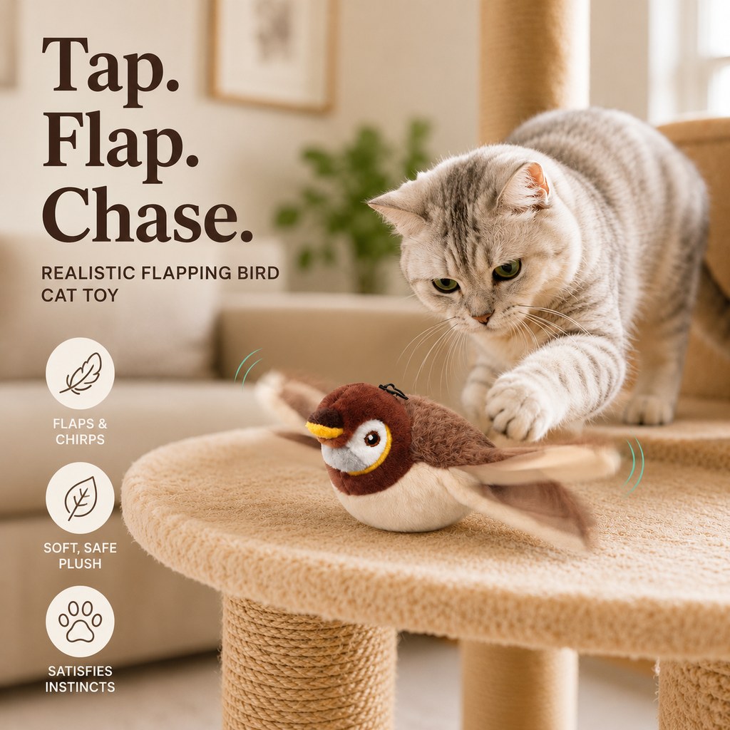 Klmays Rechargeable Flapping Bird Cat Toy for Indoor Cats - Tap-Activated Plush Kicker Toy for Boredom Relief & Hunting Instinct Play