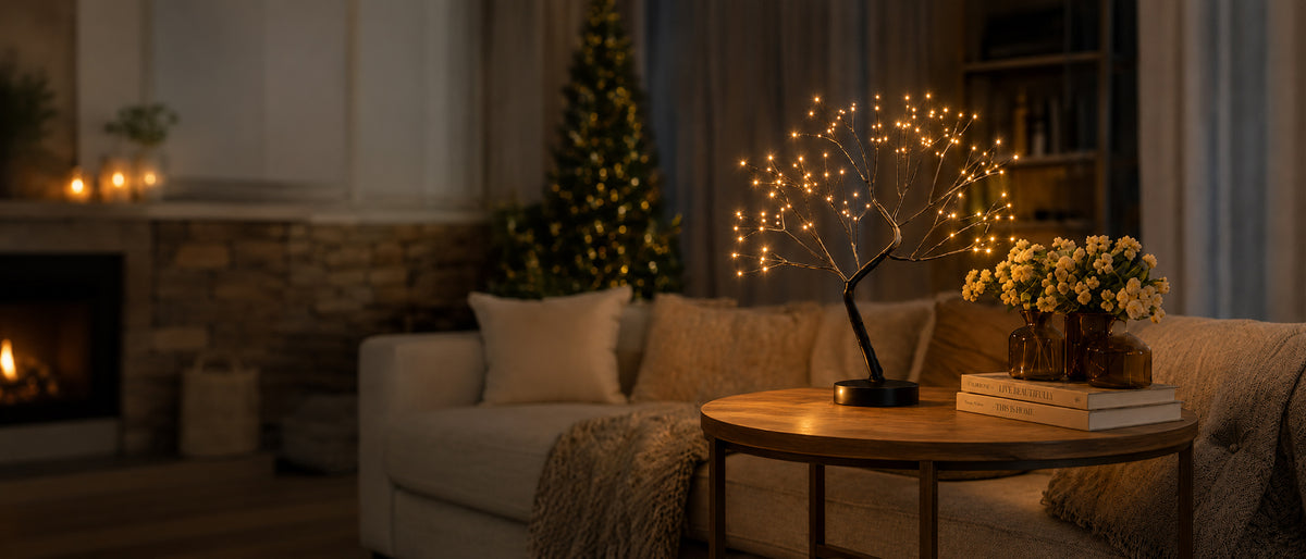 Warm white fairy light tree displayed on a side table in a cozy living room